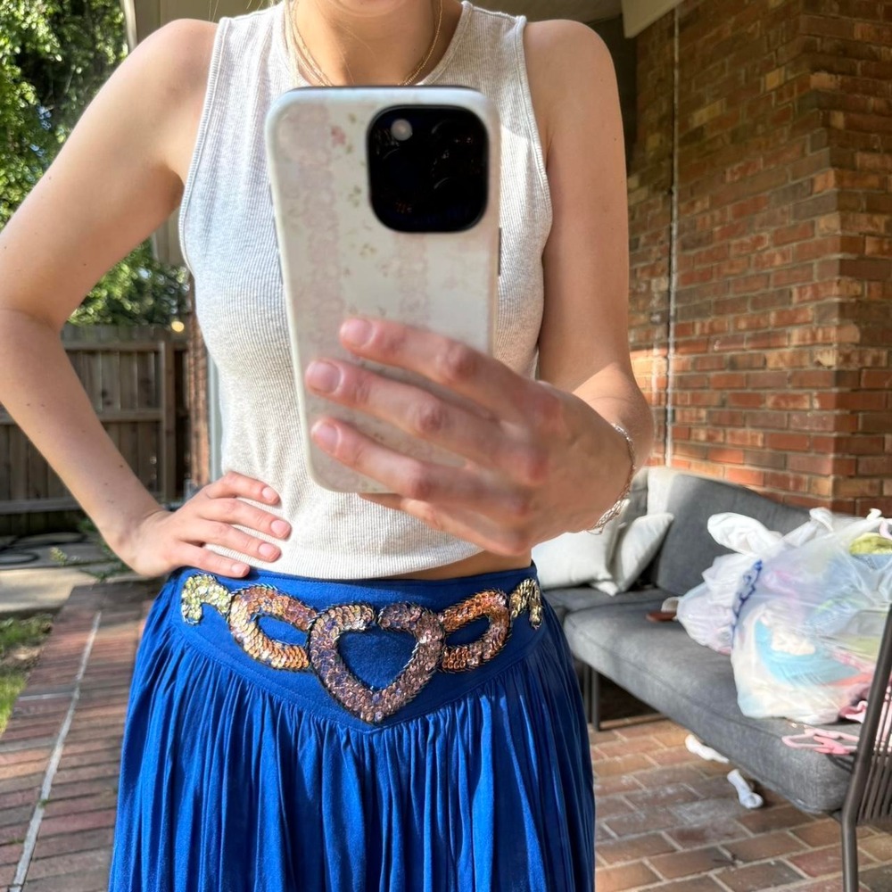 Vintage Chris Gerard Royal Blue Sequin Heart Maxi Skirt Handmade Rayon Medium